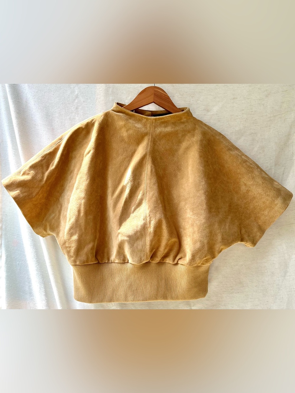 Zara Suede Leather Top High Neck Short Sleeves Snap Button Closure Beige Medium - Picture 8 of 16